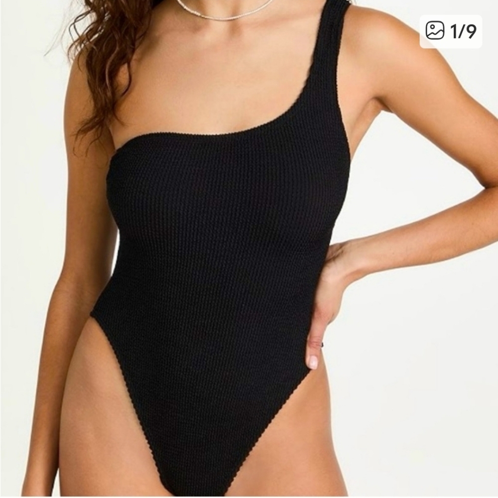 Good American Black Ribbed One-Shoulder Swimsuit